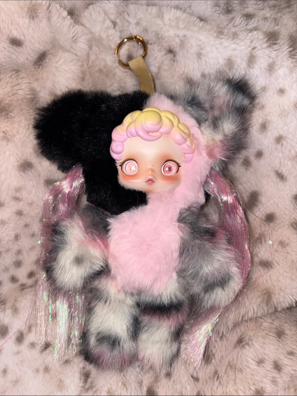 Custom Skull Panda Pink and Black Faux Fur with Pink tinsel hair Plush Pendant